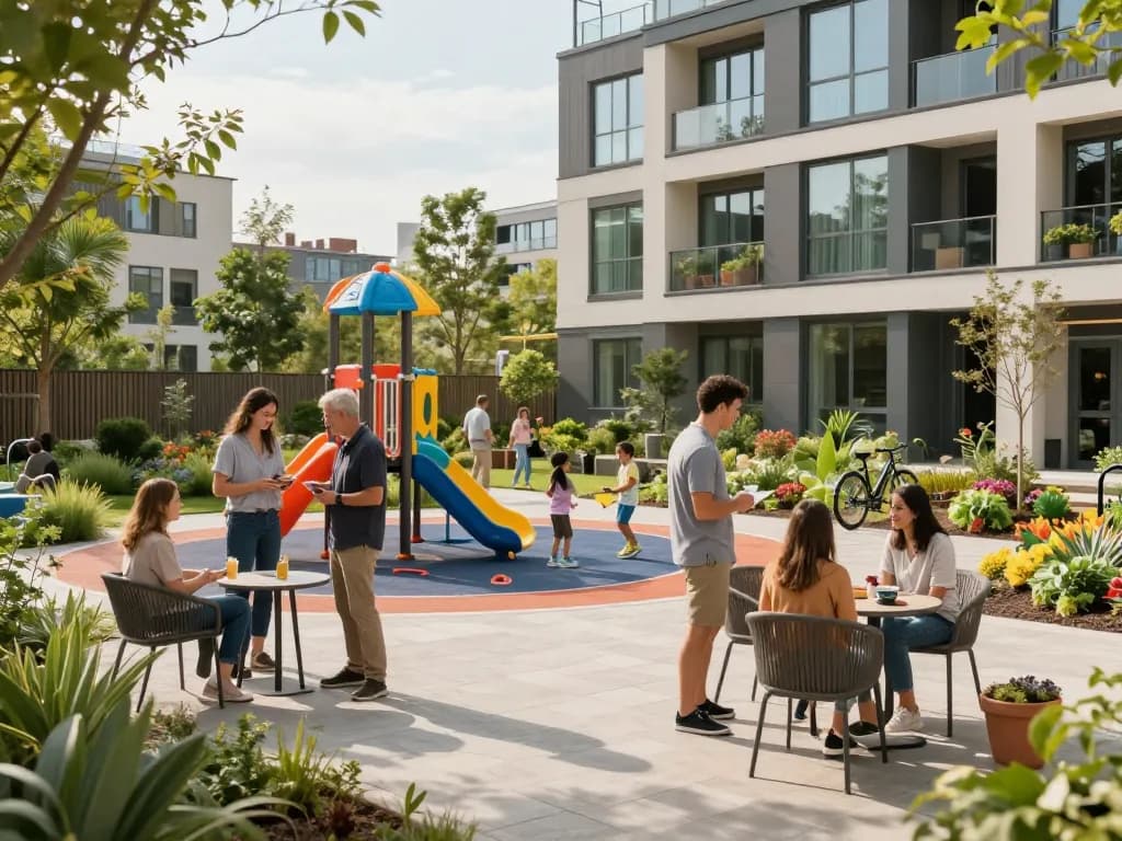 Community interaction at five88 housing development with modern design and green spaces