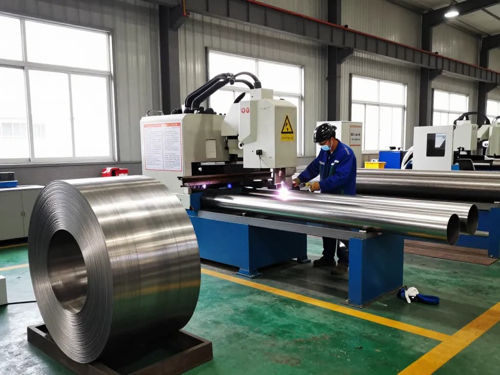 Worker producing high-quality sumwin stainless steel pipes in a dynamic manufacturing facility.