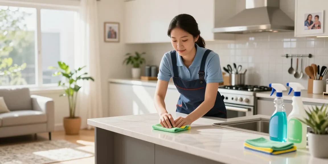Professional reinigungen service making a kitchen shine with eco-friendly cleaning supplies and sunlight streaming in.